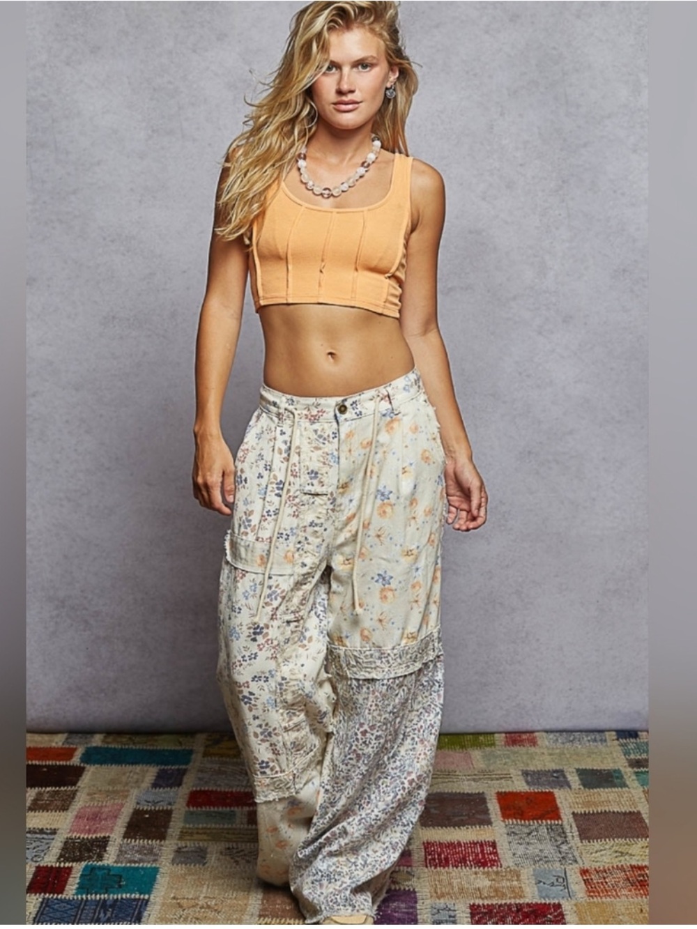 New: POL “Whispered Wildflower” Boho Floral Mixed Patchwork Wide Leg Pants• S
